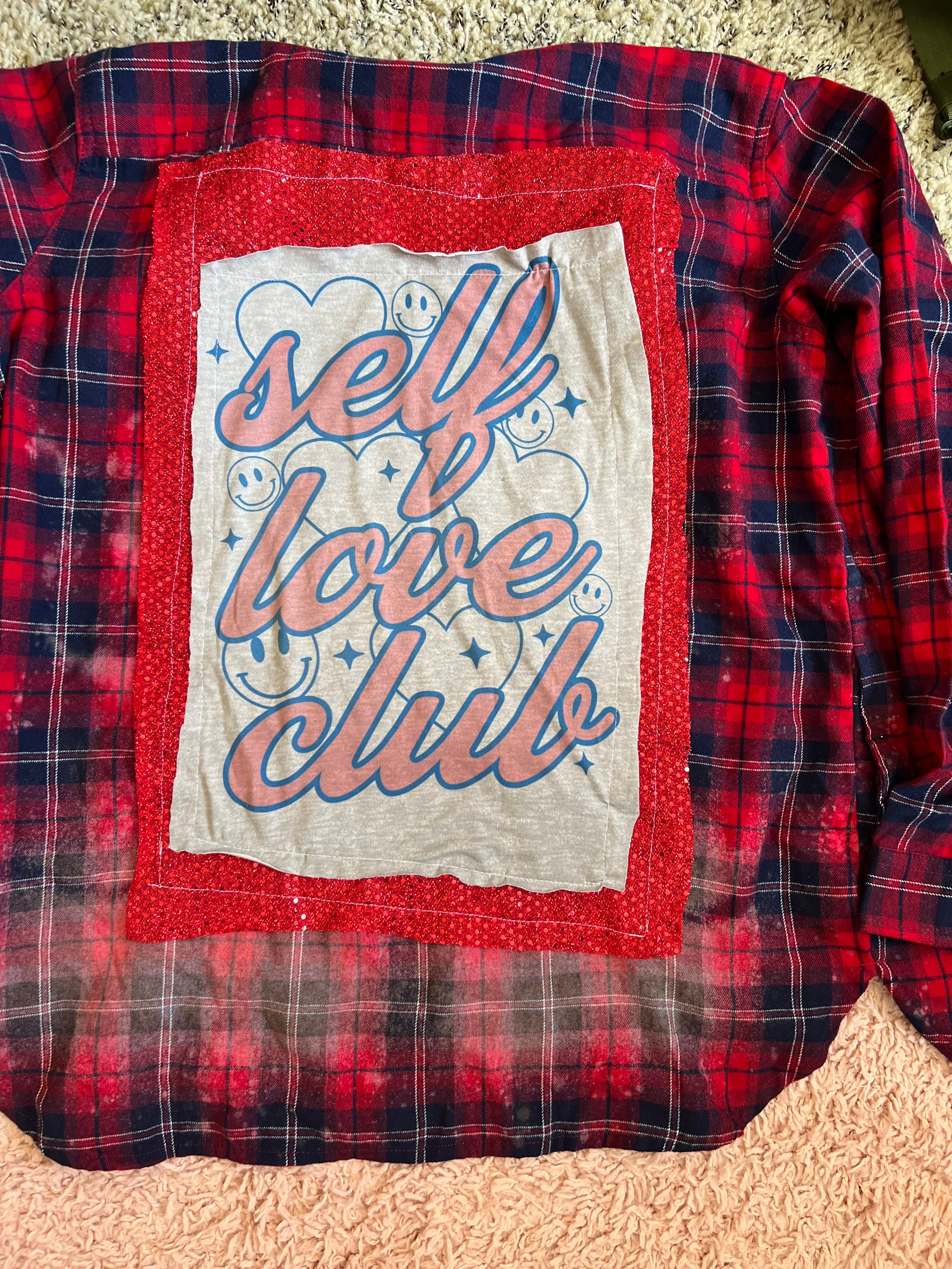 Custom Self Love Club with Red Sequins Patch Flannel