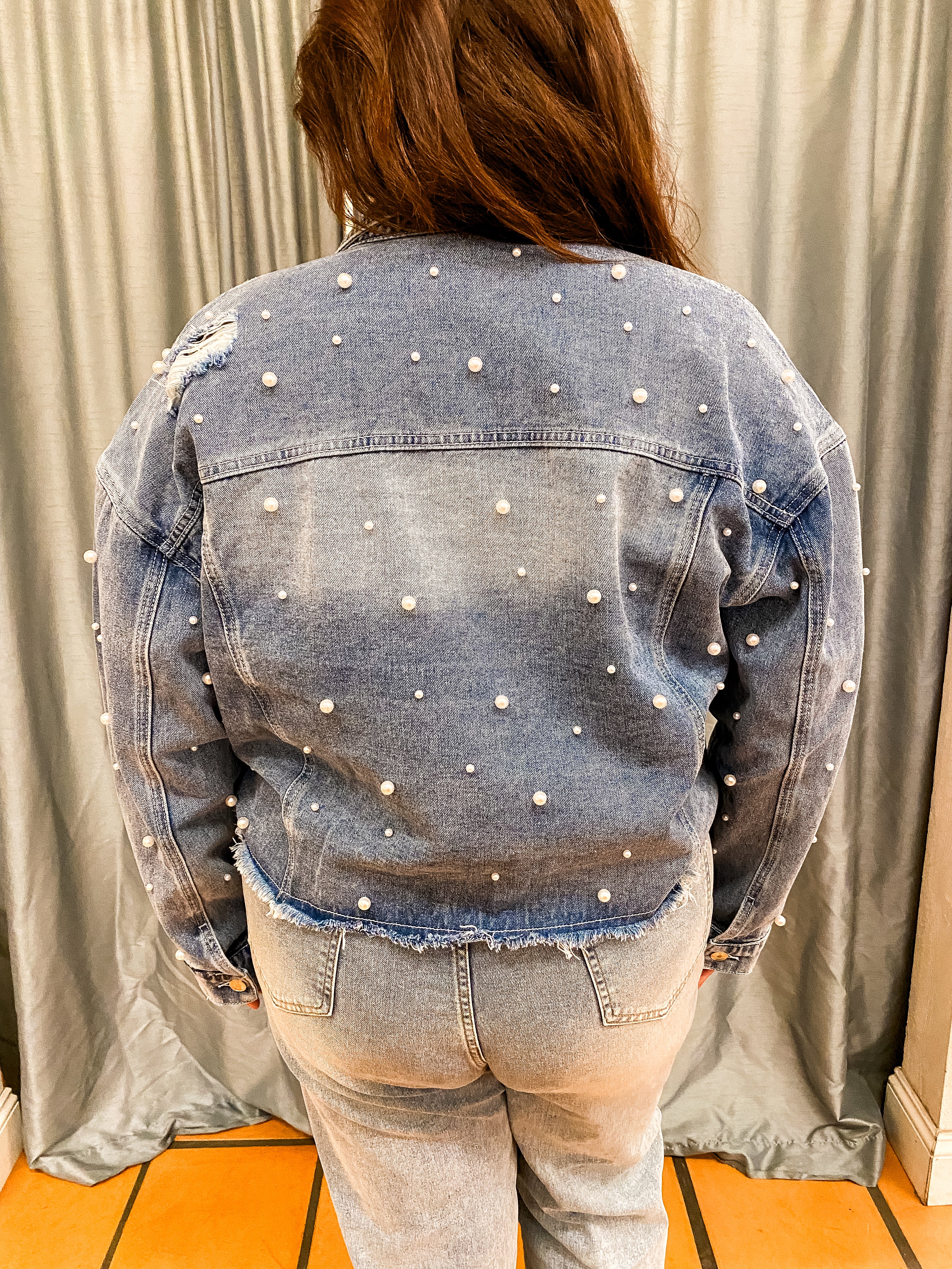 Pearl Embellished Ripped Button Down Denim Jacket