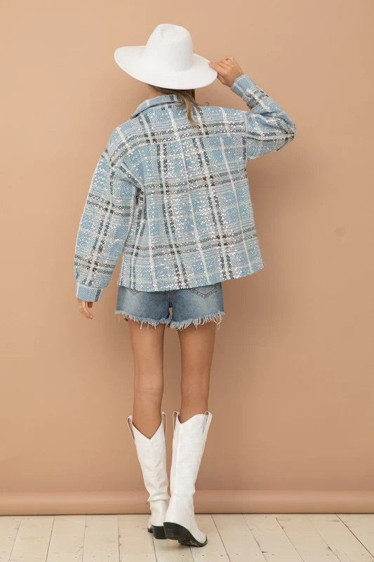 The Sally Blue Sequins Plaid Shacket