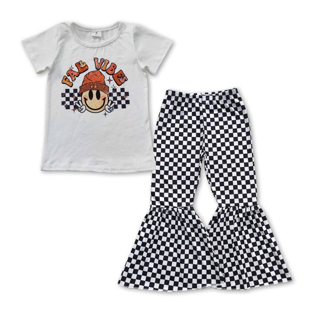 Girls White Fall Vibes Top with Checkered Bell Bottom Set