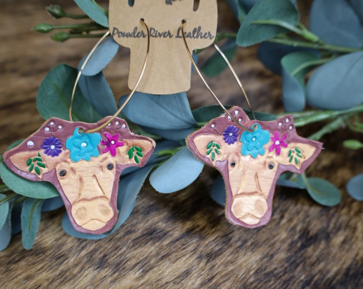 Stamped and painted Leather Miss Betsy Earrings