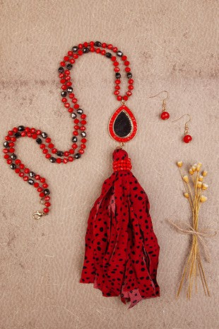 Red & Black Spotted Tassel Necklace & Earring Set