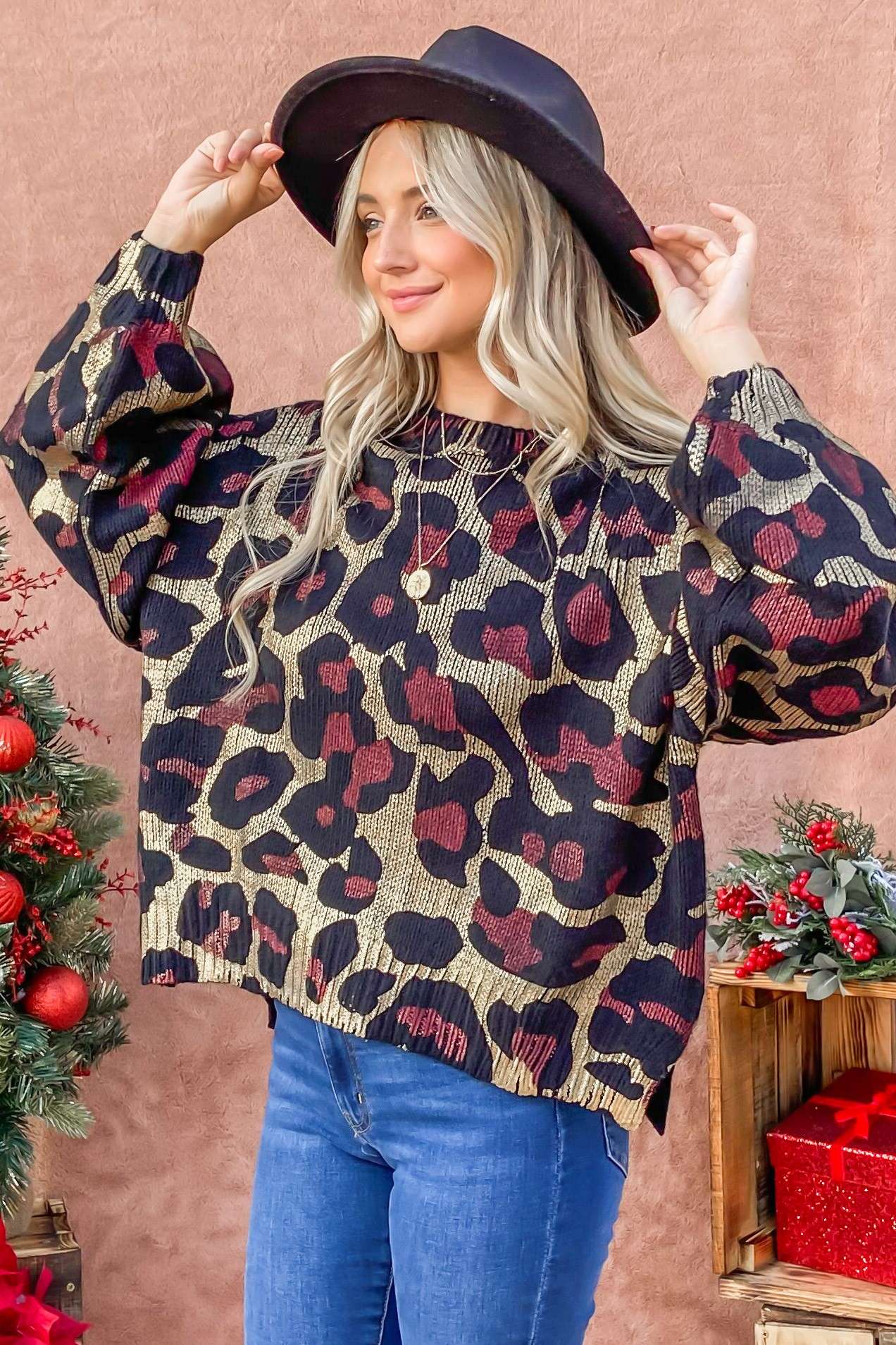Gold Foil Leopard Print Pullover Sweater Top