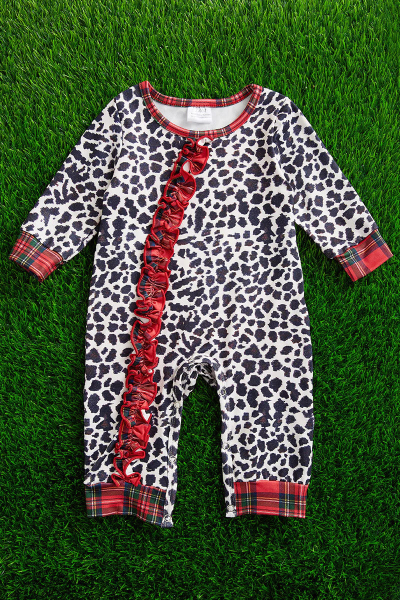 Kids Black Cow Spotted Onesie with Plaid Ruffle Detail