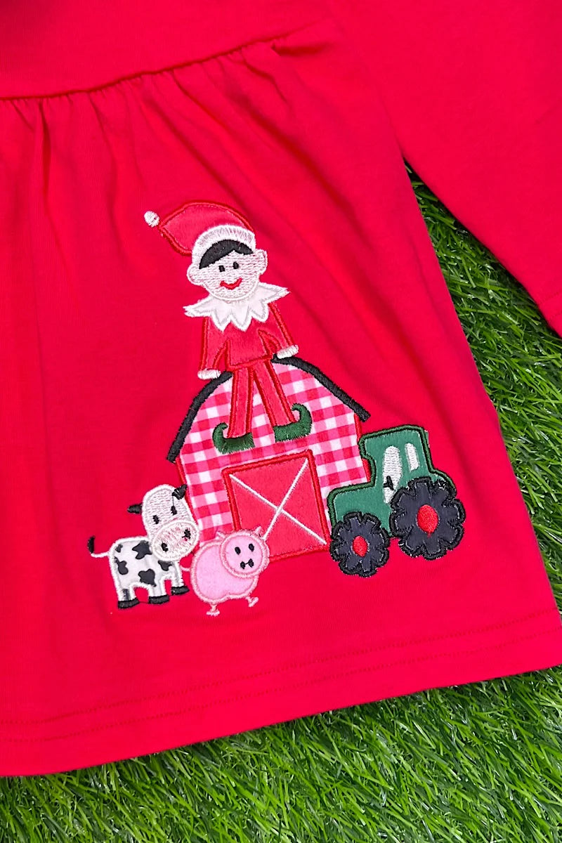 Kids Elf on the Farm Applique Red Tunic& Cow Spotted Legging with Scarf