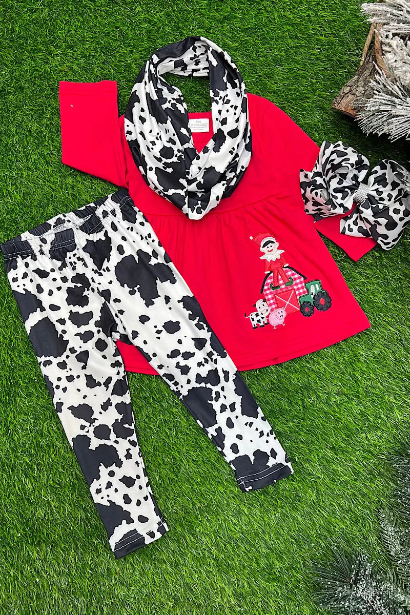 Kids Elf on the Farm Applique Red Tunic& Cow Spotted Legging with Scarf