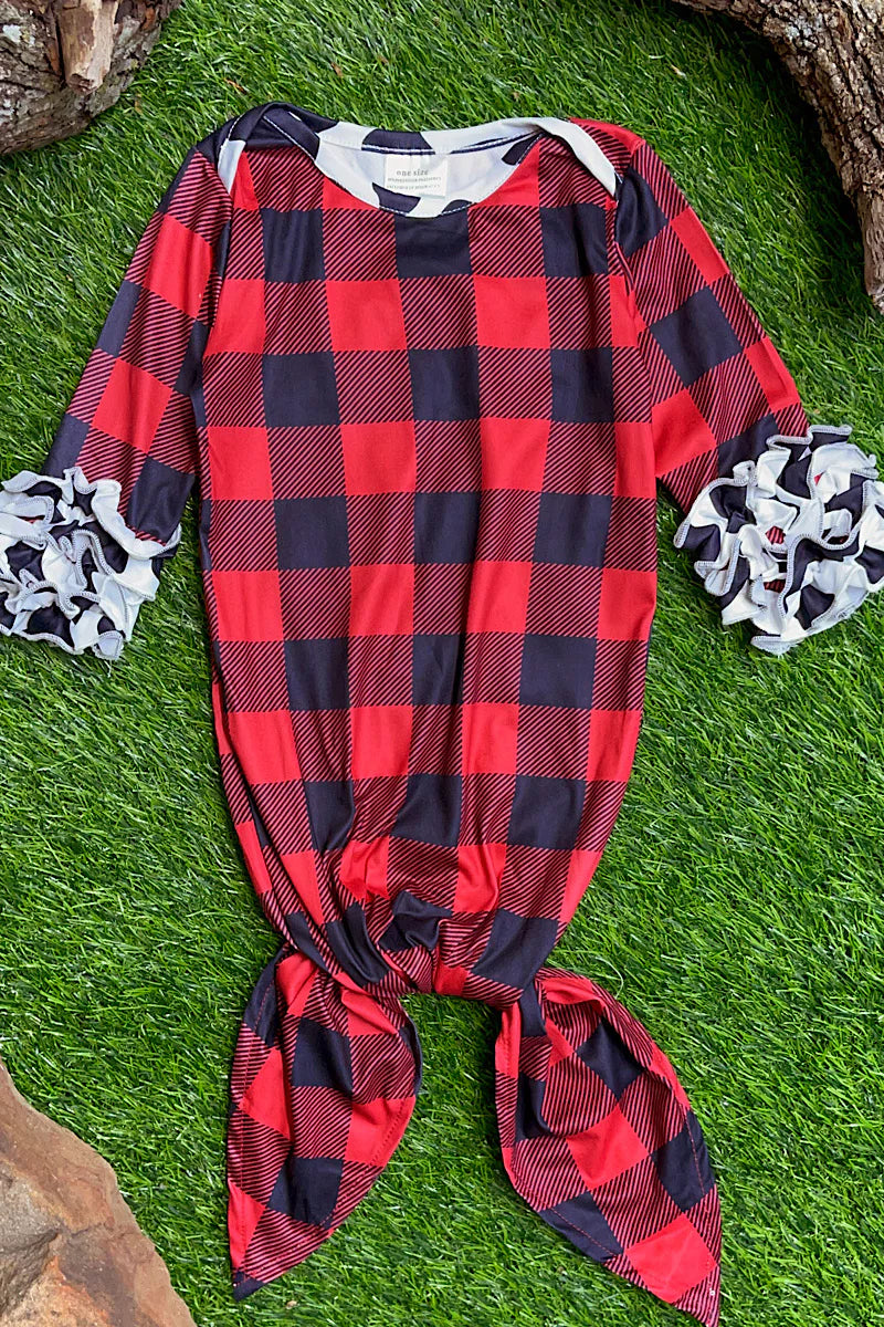 Kids Red and Black Buffalo Plaid with Cow Print Hem Baby Gown