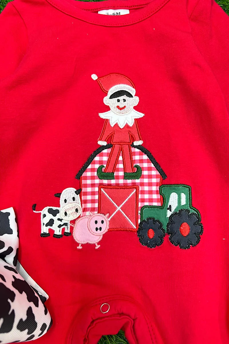 Kids Elf on the Farm Applique Red Onesie