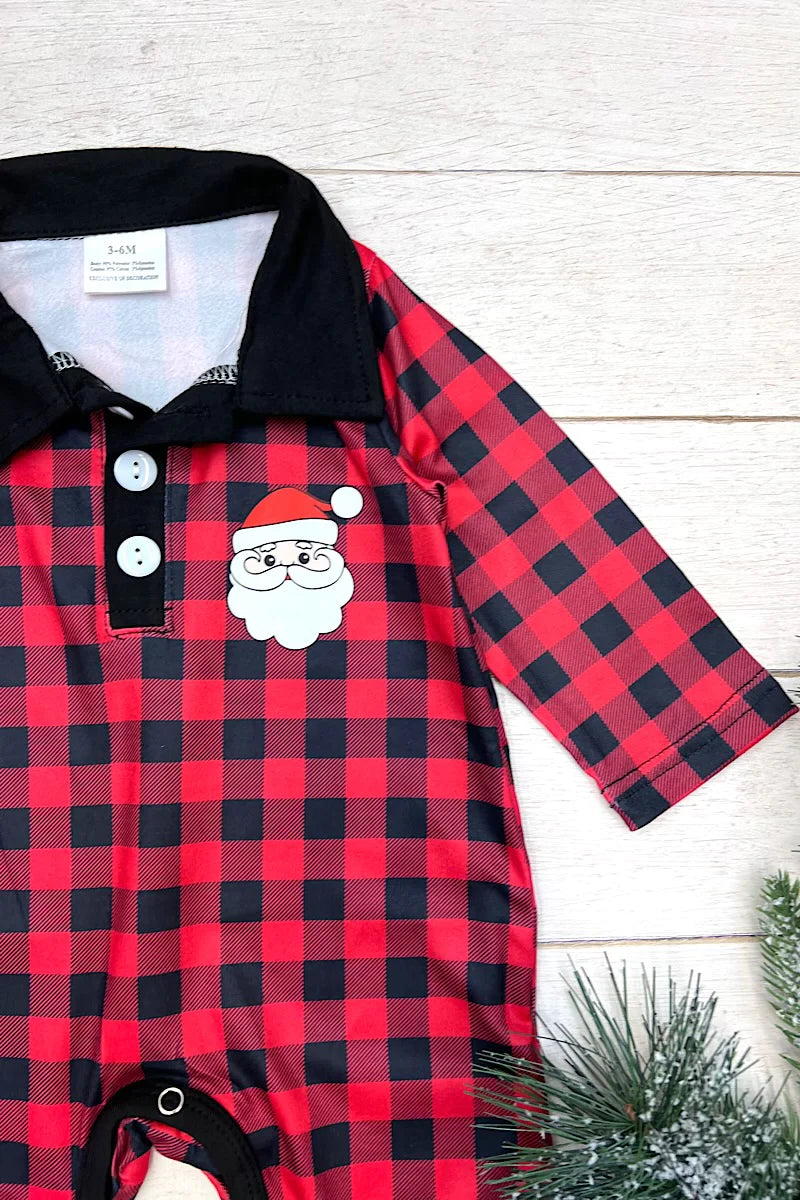 Kids Red and Black Buffalo Plaid Collared Onesie with a Printed Santa